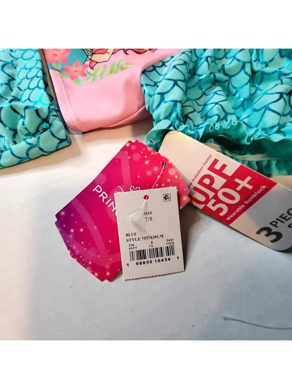 Disney Princess Girls 3-Piece Mermaid Swimsuit Set With Skirt Pink & Aqua Sz 7/8